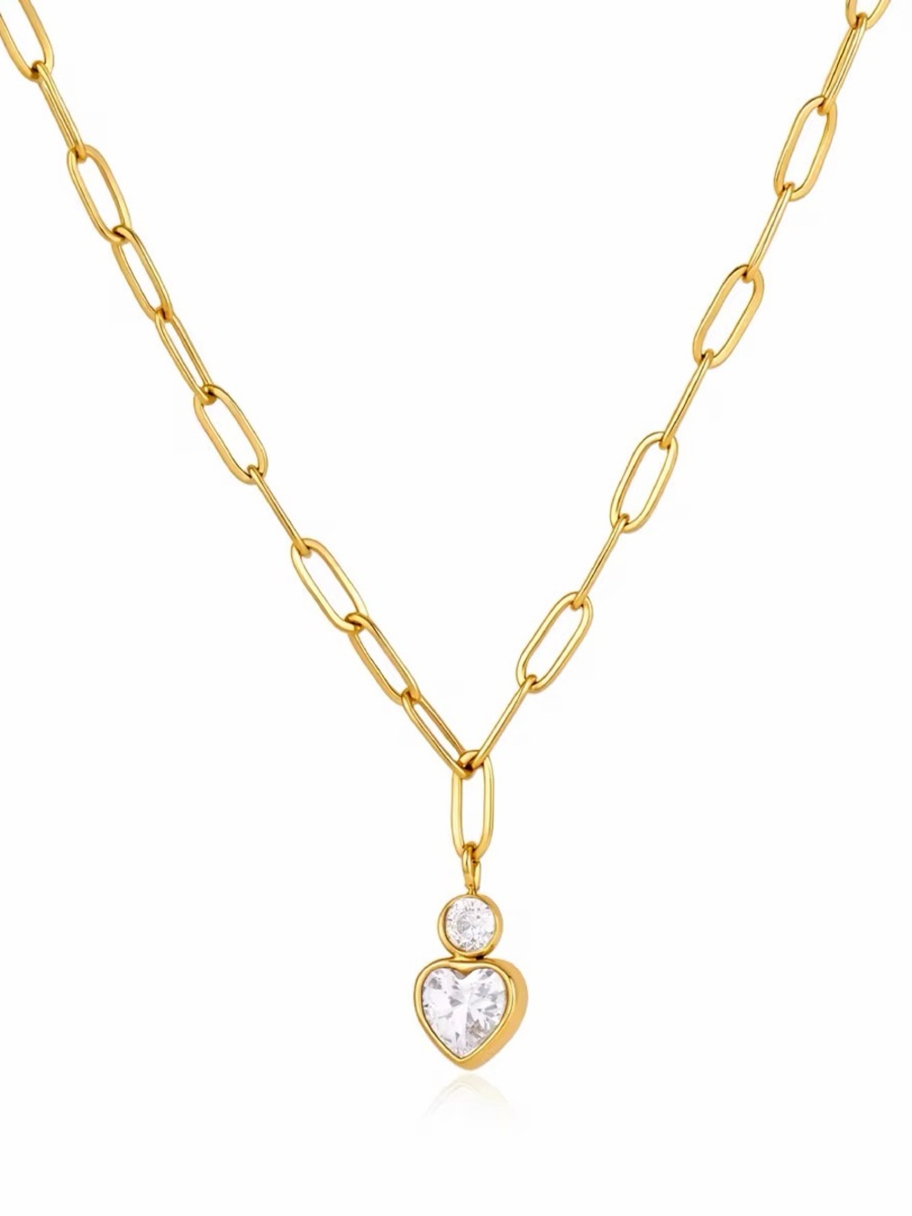 18K Gold Plated Cubic Zirconia Heart Pendant Paperclip Chain Necklace